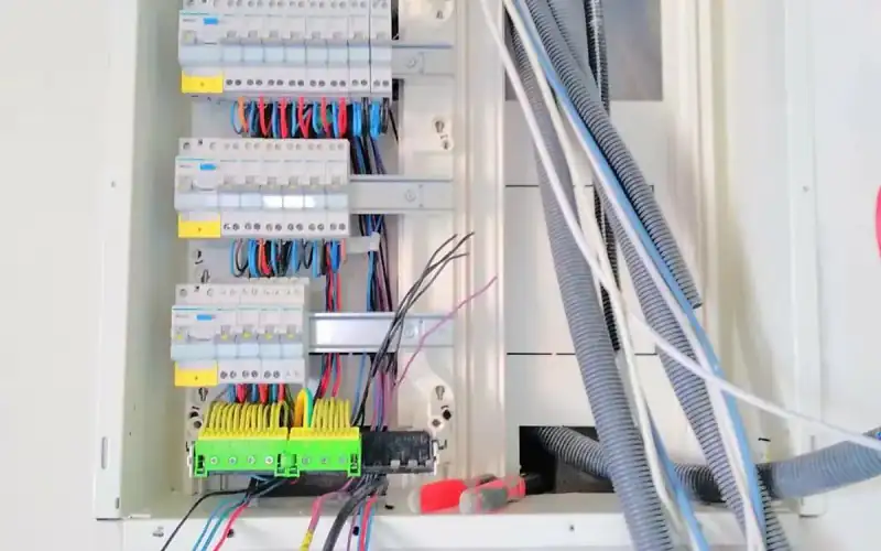 Câblage d'un tableau en cours : rangées de disjoncteurs, bornes de connexion vertes
