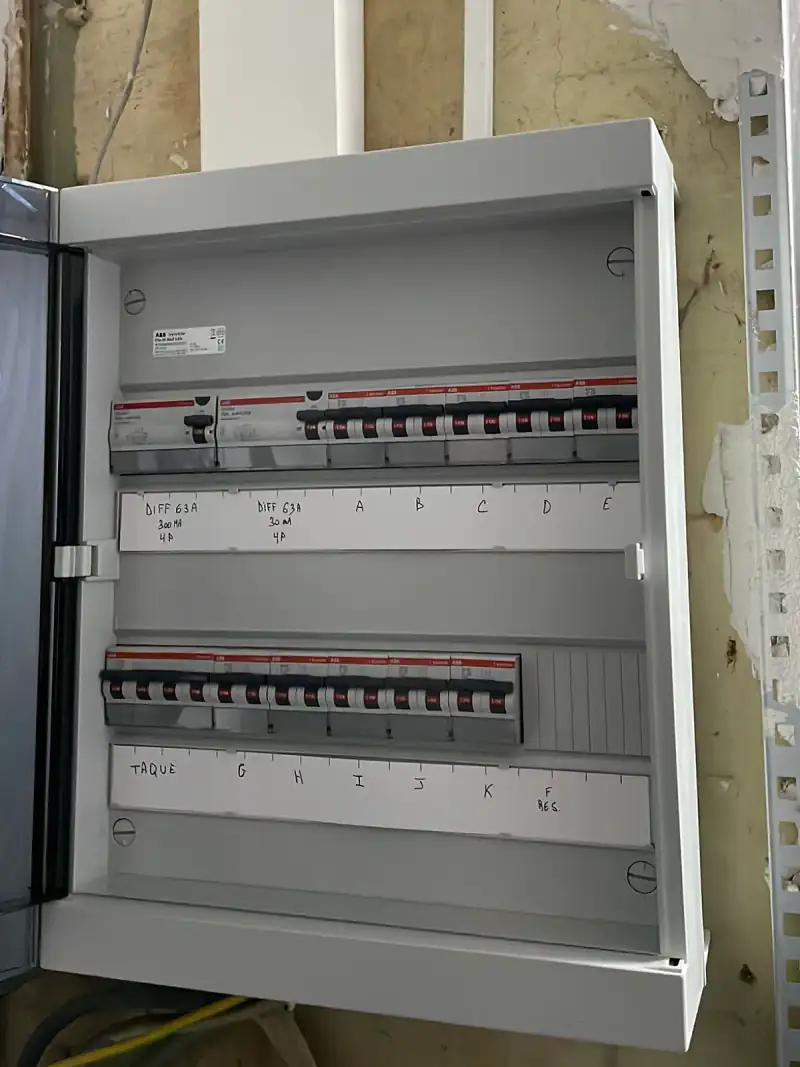 Après : un coffret neuf au même endroit, disjoncteurs alignés et circuits étiquetés